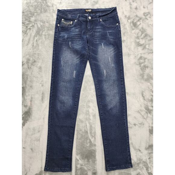 Mi-Jeans Low Rise Skinny Jeans Size 9 Dark Wash Bling Pockets Rhinestones Y2K - Picture 1 of 11